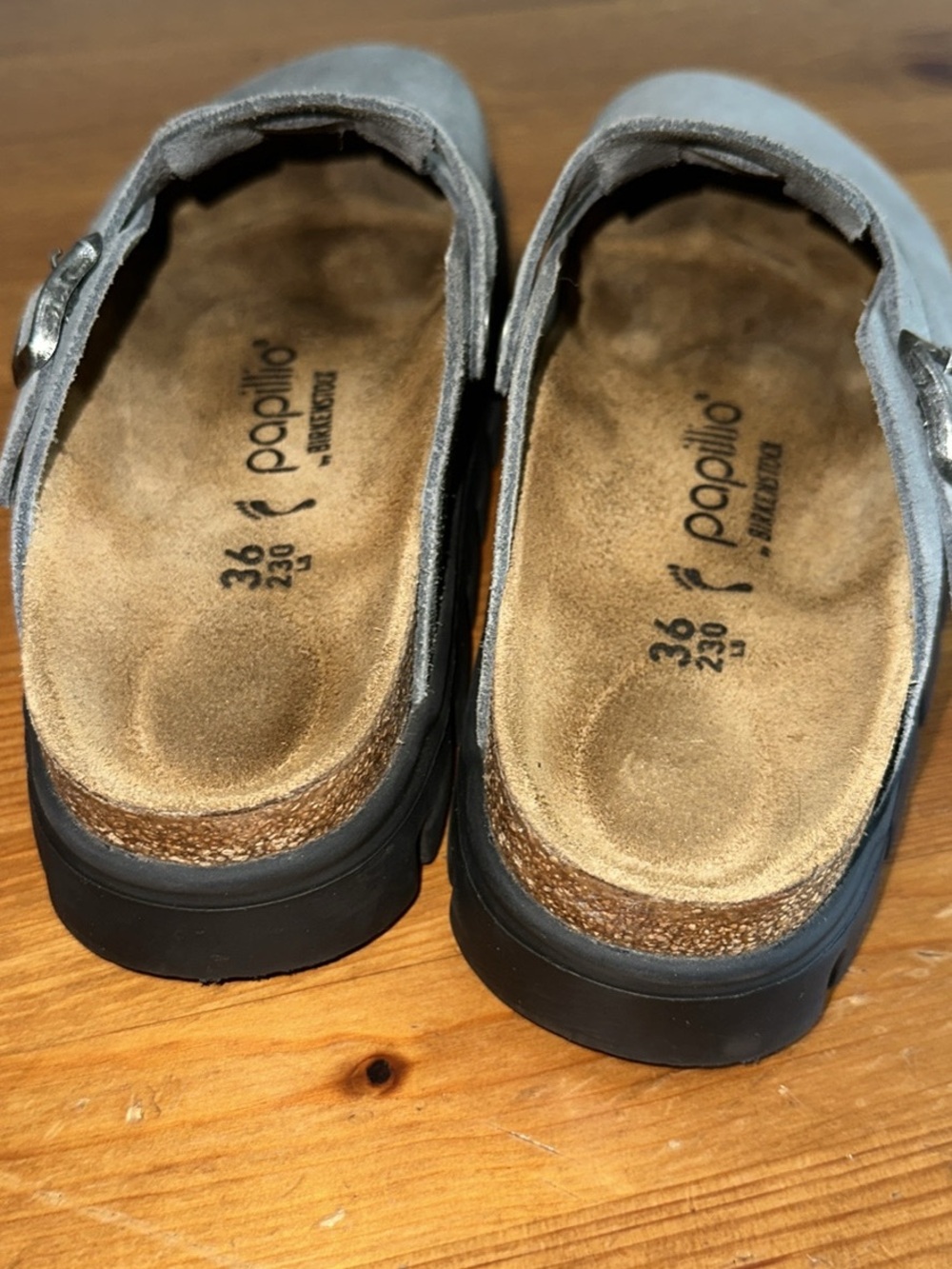 Papillio Gray Suede Buckle Clog Mule with Black Lug Sole - Picture 4 of 9